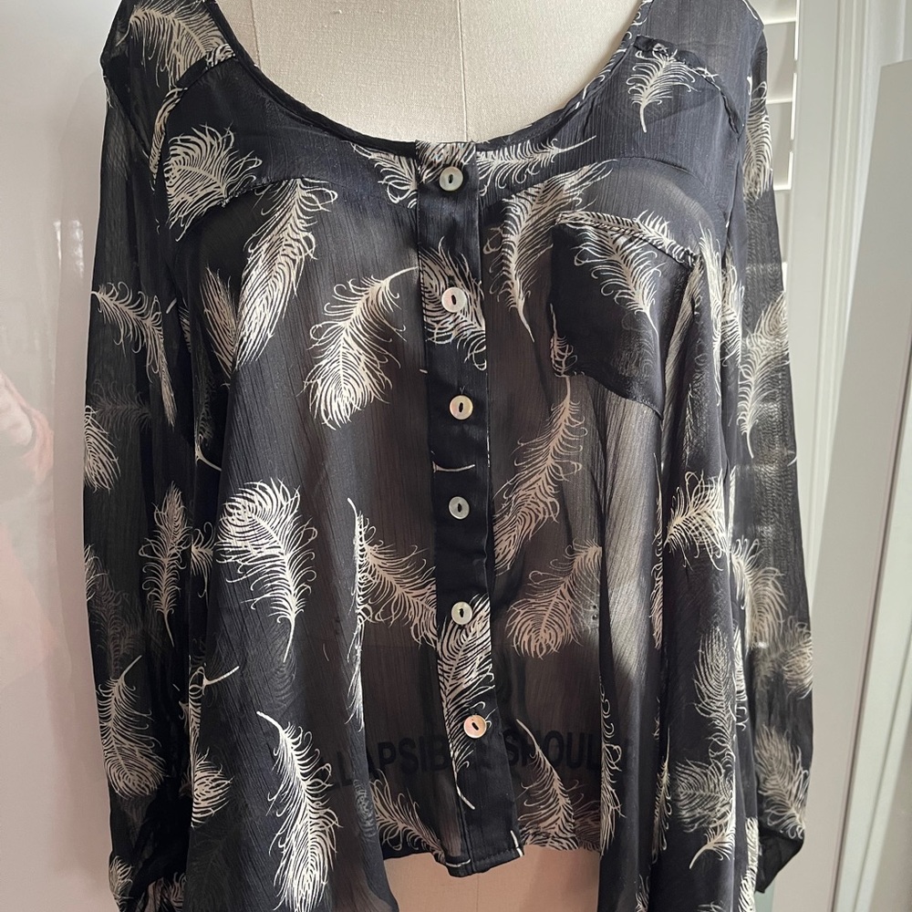 Seductions Feather Print Button Up Blouse Top